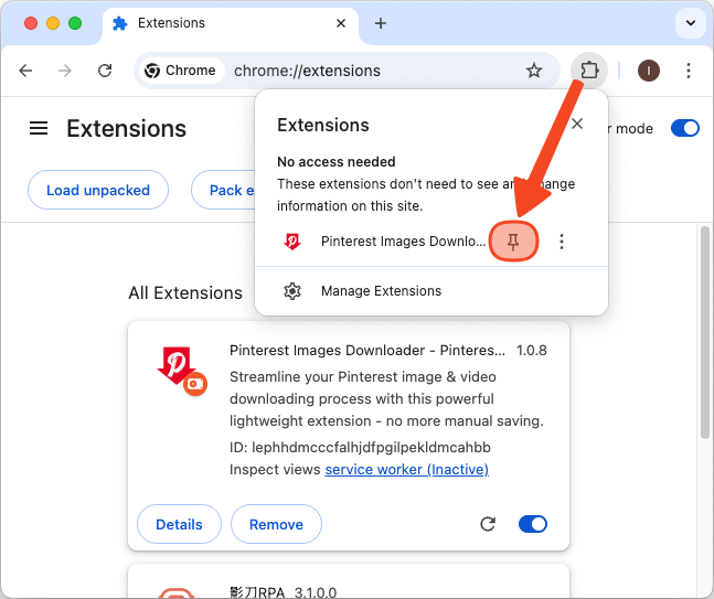 Pin the extension
